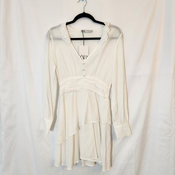 Zara Dresses & Skirts - Zara Cutwork Embroidery Collar V Neck White Mini Dress Size S